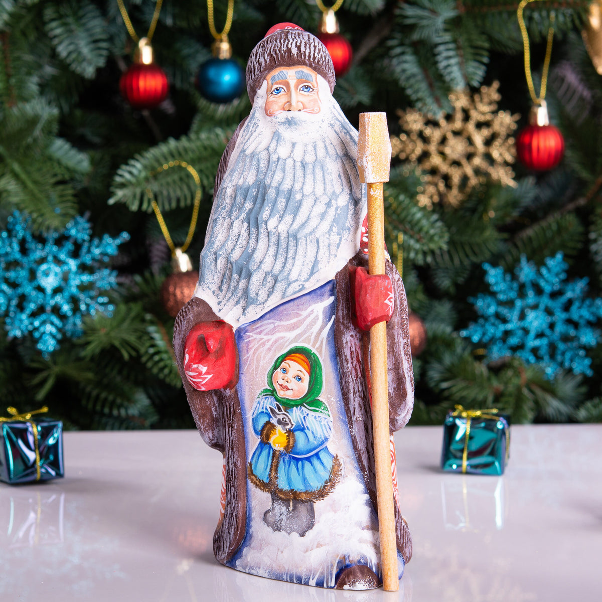 Hand carved Santa wooden figurine 9 inch with staff