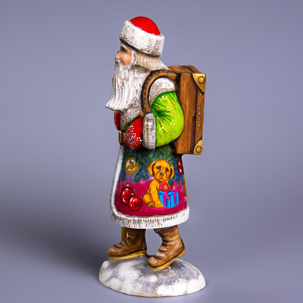 Santa with Puppy Figurine 11", Hand Carved Wood, Christmas Mantel Decor