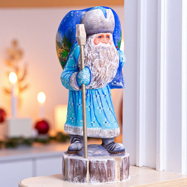 Hand carved Santa wooden statue 11 inch, folk art backpack scene