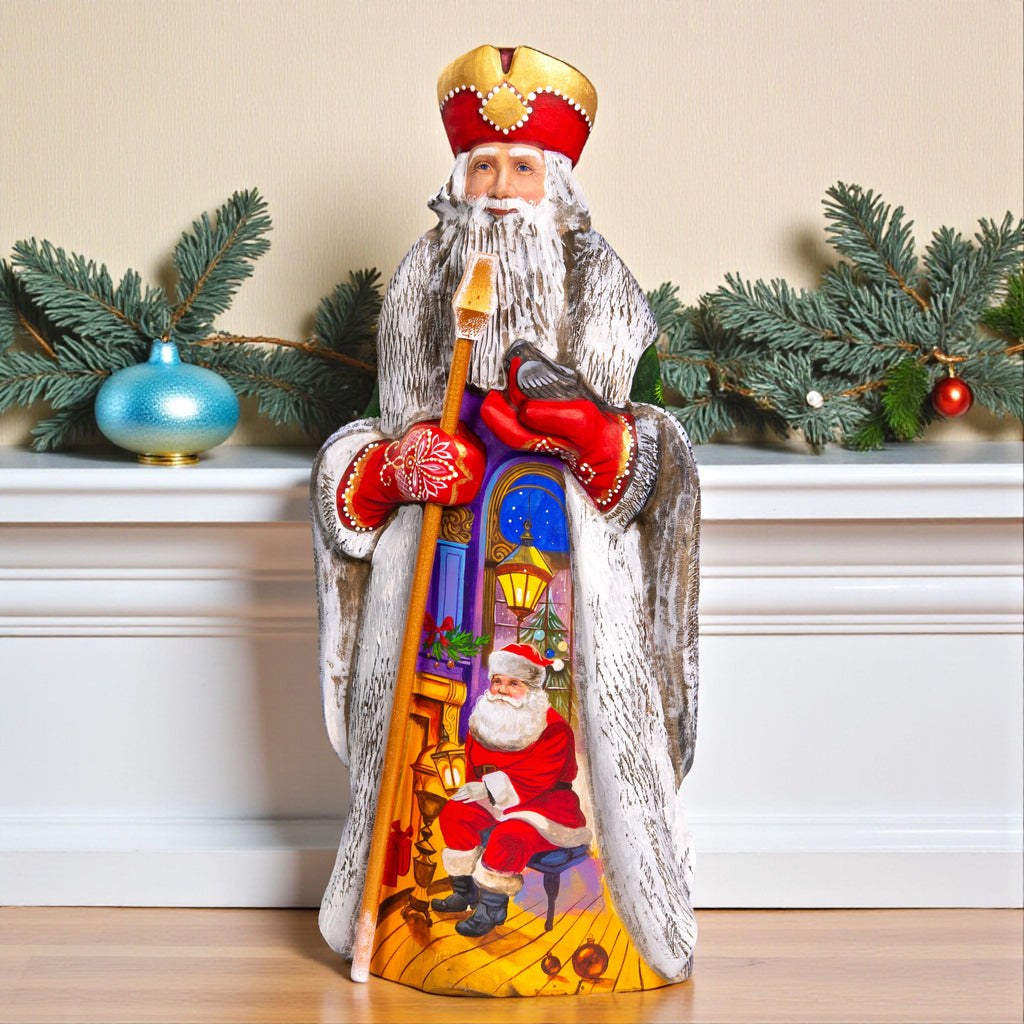 Hand Carved Wooden Santa Figurine 13 inch, Bullfinch, Staff, Fireplace Interior Scene