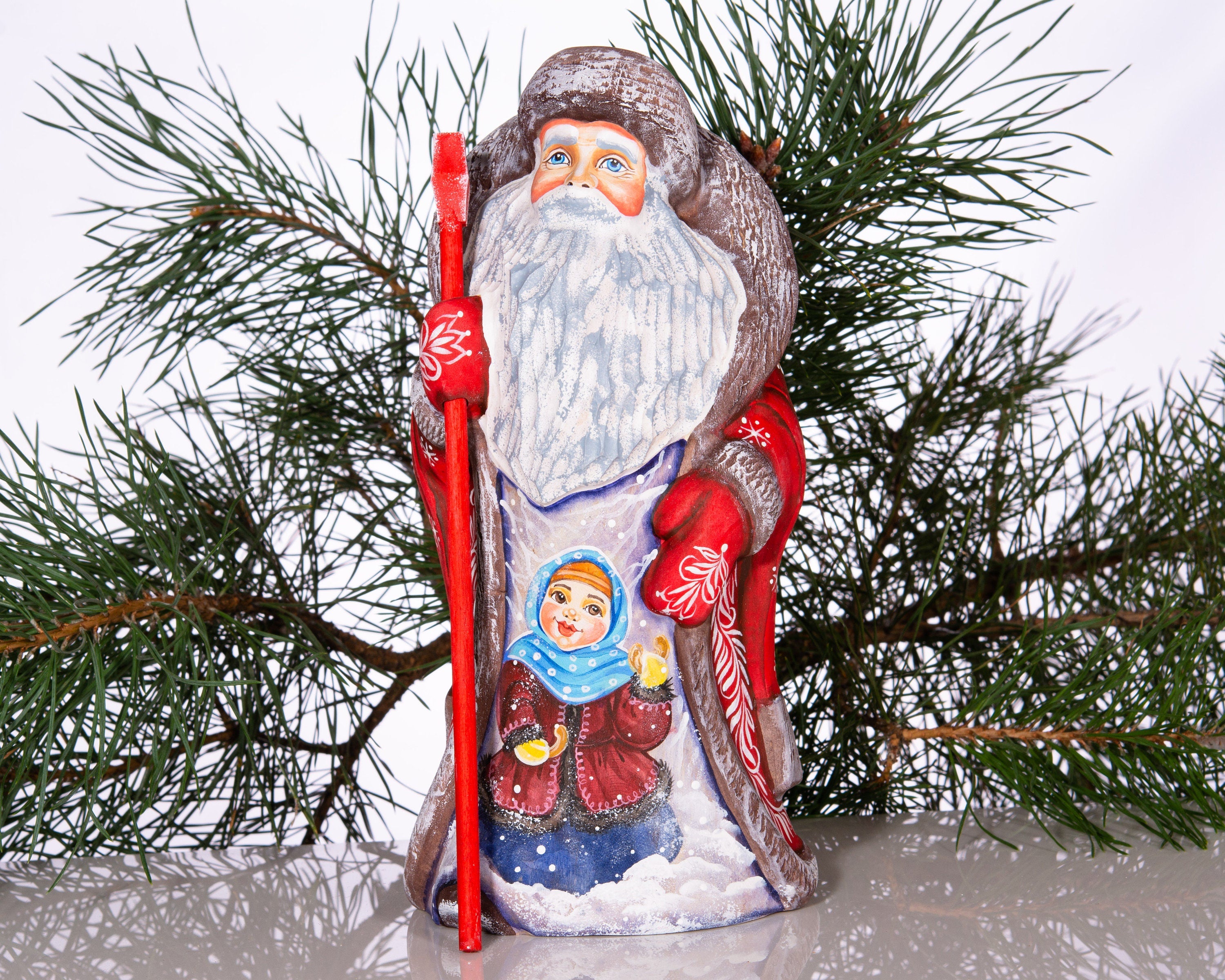 Hand carved Russian Santa figurine 9.5 inch, winter girl scene, Christmas mantel centerpiece