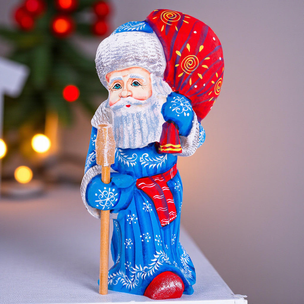 Hand carved blue Santa wooden figurine 7.9 inch, gift sack and staff, centerpiece