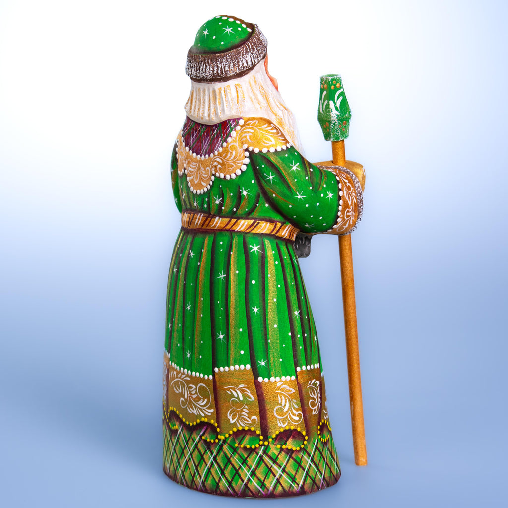 Kris Kringle wooden figurine 9 inch, green coat, cat lover gift
