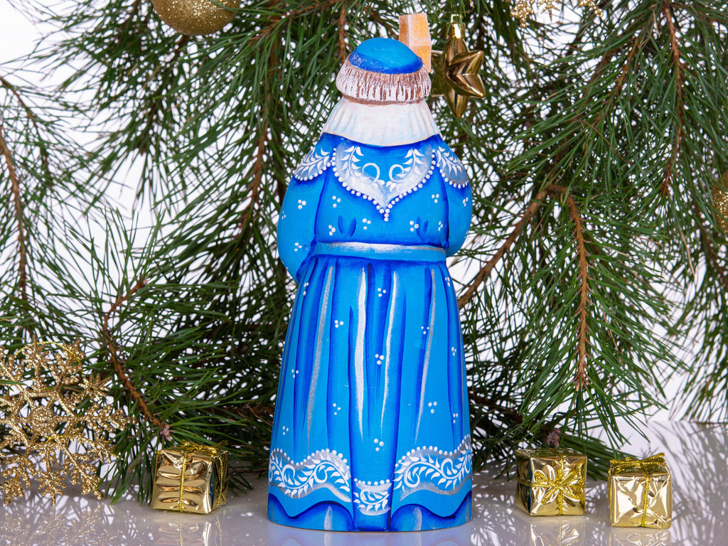 Blue Santa wood figurine 8.7 inch, hand carved with dog, Christmas shelf accent