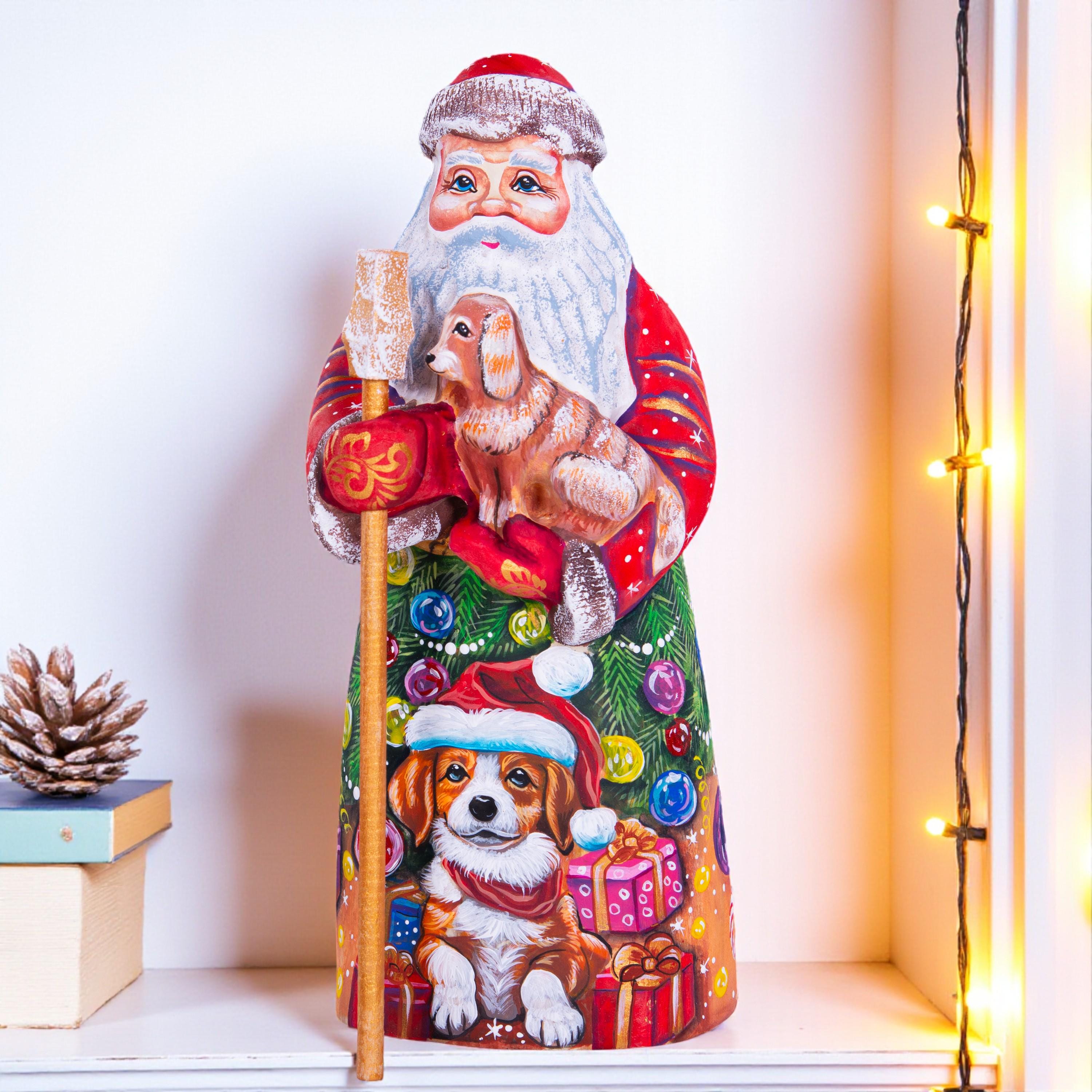 Hand Carved Santa Claus Figurine with Dog: Painted Wood Christmas Decor