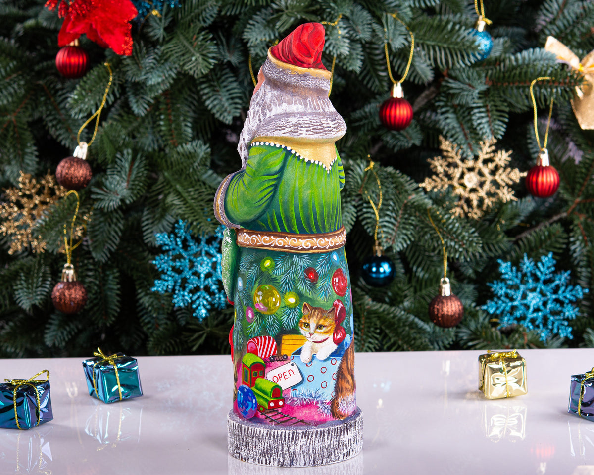 Hand carved wooden Santa figurine 10.6 inch, Christmas wreath with cats, mantel centerpiece