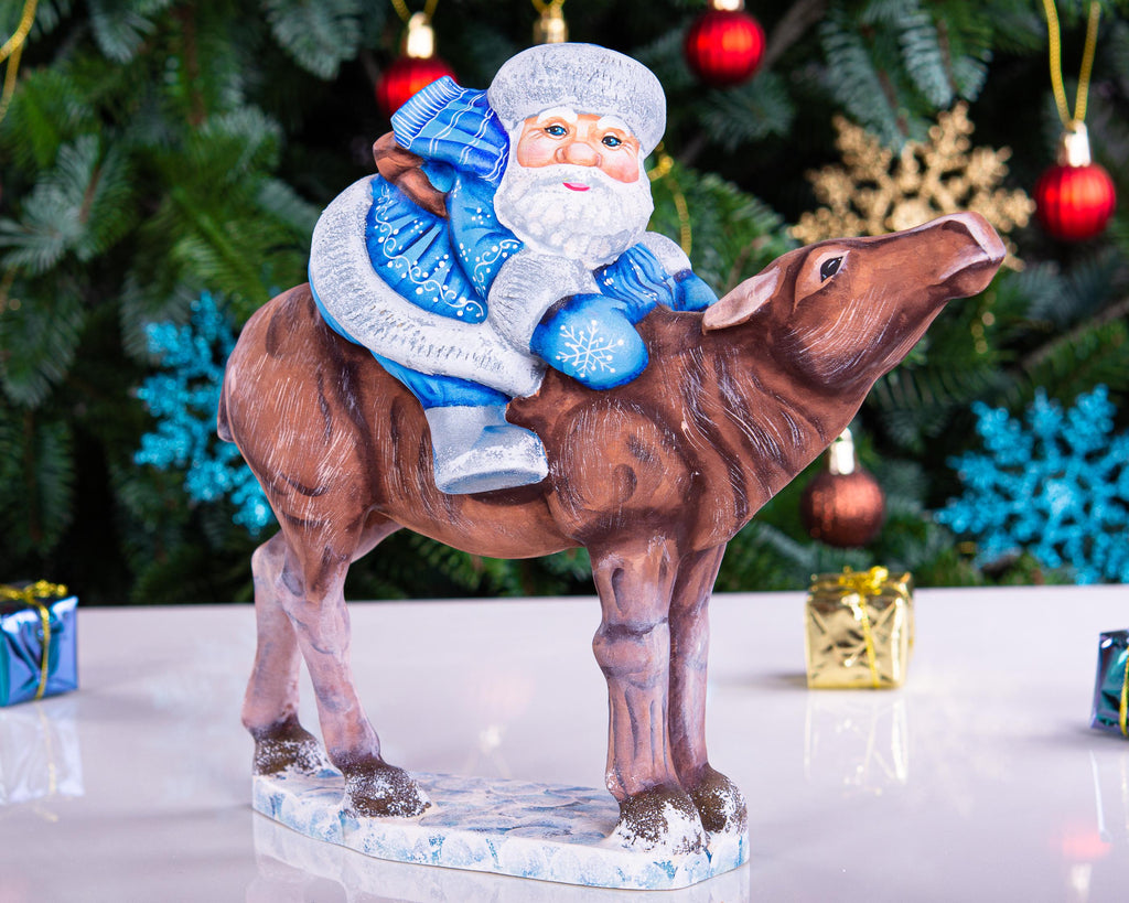 Old World Santa wooden figurine 8 inch, moose ride mantel display