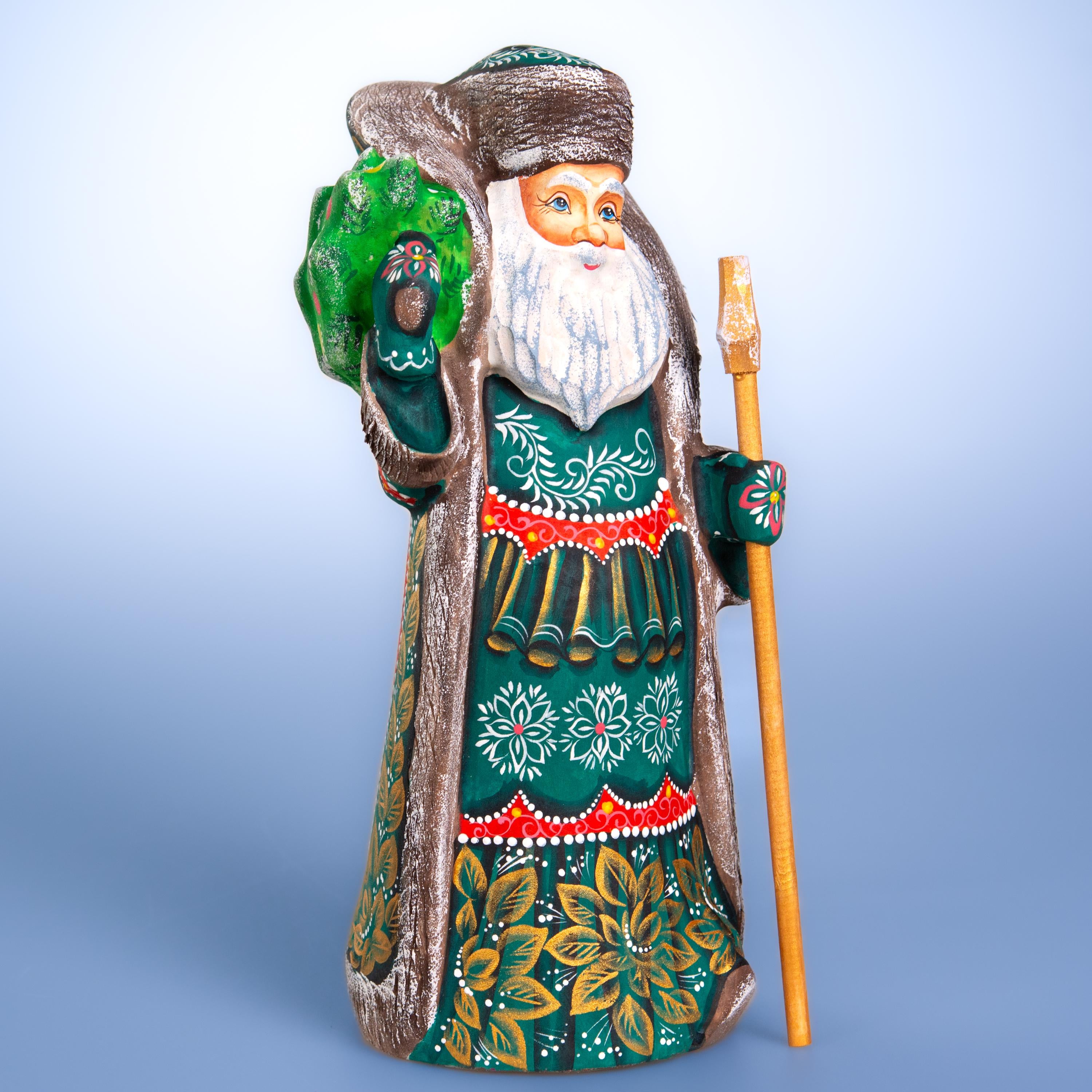 Old World Santa figurine 10.2 inch, carved wood, emerald coat, holiday shelf decor