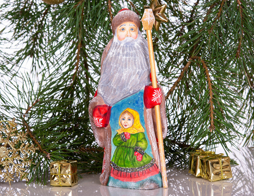 Santa figurine with staff, folk art hand painted girl scene, 8.3 inch