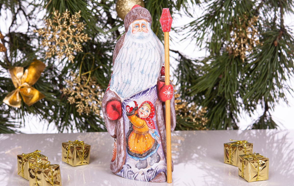 Hand-Carved Wooden Santa Claus Figurine 9inch: Folk Art Christmas Decor