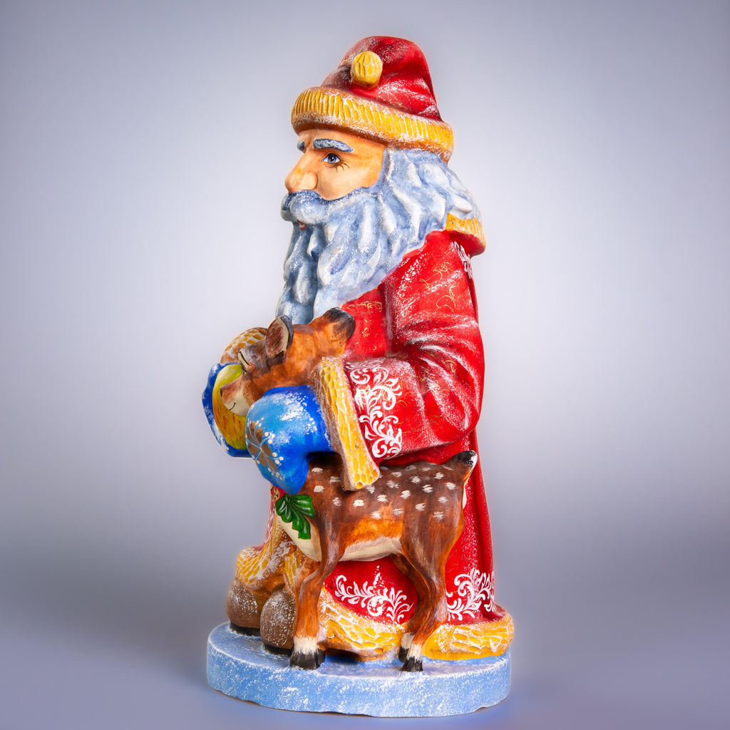 Hand carved Old-World Santa wooden figurine 14 inch, deer fawn apple scene, mantel decor