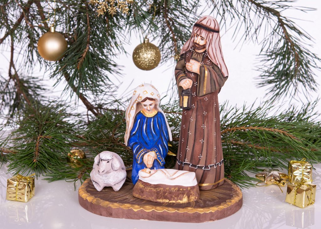 Hand carved Nativity figurine 9.4 inch, Holy Family manger scene