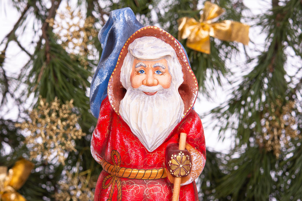 Retro Santa Claus wooden figurine 12 inch, fawn on toy sack, collectible Christmas decor