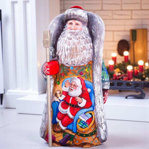 Wooden Santa Christmas figurine 9.5 inch, colorful tree and ornaments, gift for Santa lovers
