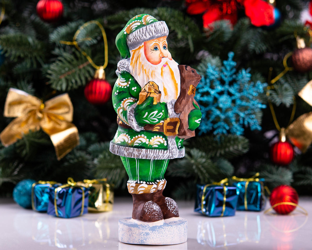 Hand carved wooden Santa figurine 7 inch, teddy bear gift, farmhouse mantel decor
