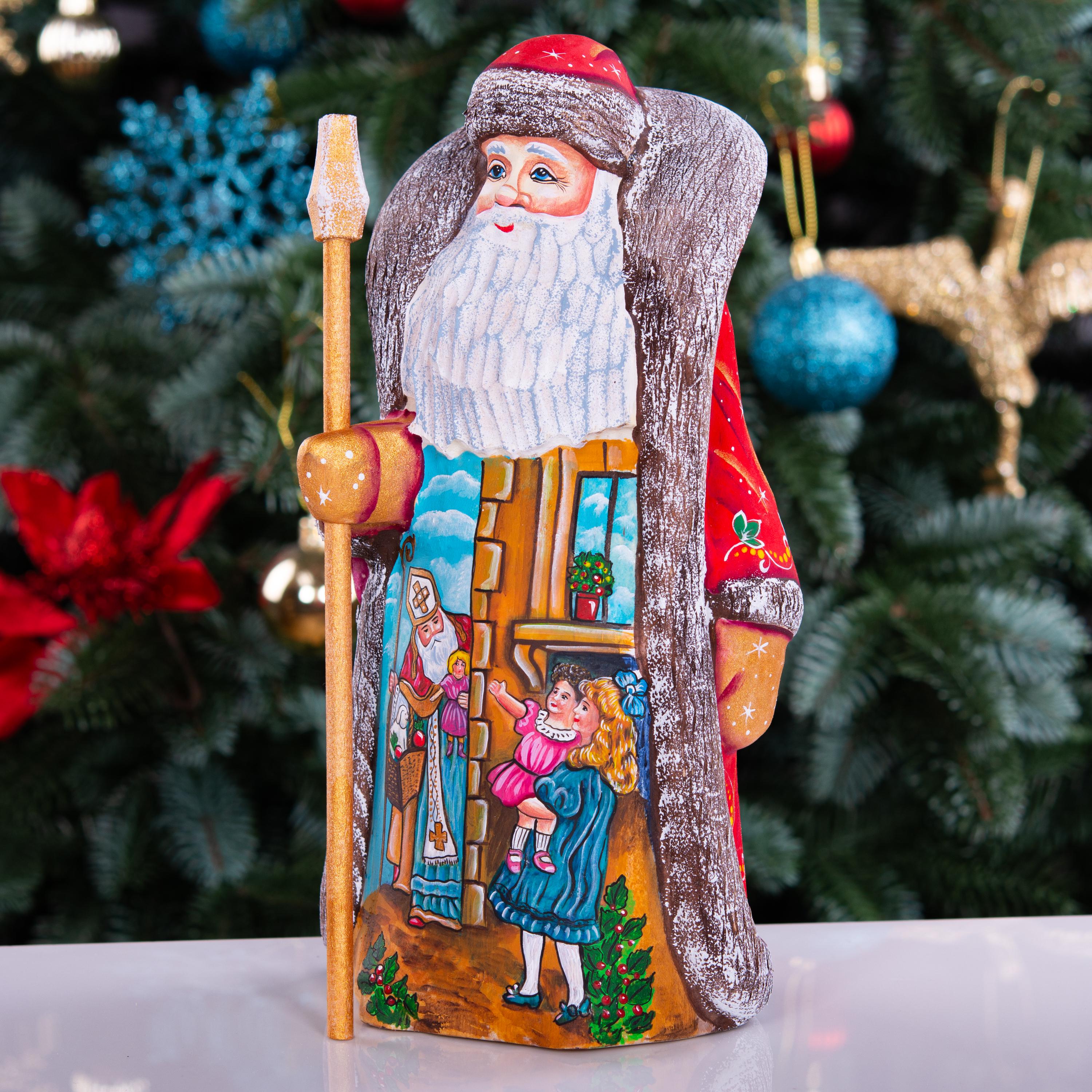 Collectible Santa figurine, folk art children and toys scene, 9.4 inch