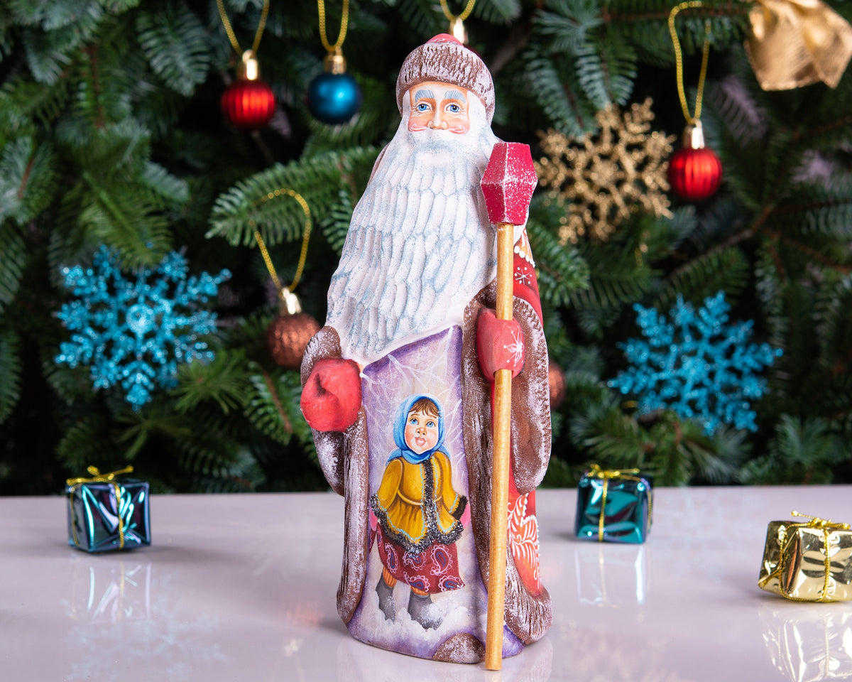 Hand carved Russian Santa figurine 8.7 inch, winter girl scene, Christmas mantel decor