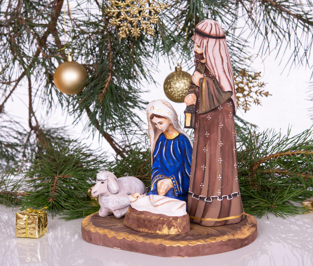 Hand carved Nativity figurine 9.4 inch, Holy Family manger scene