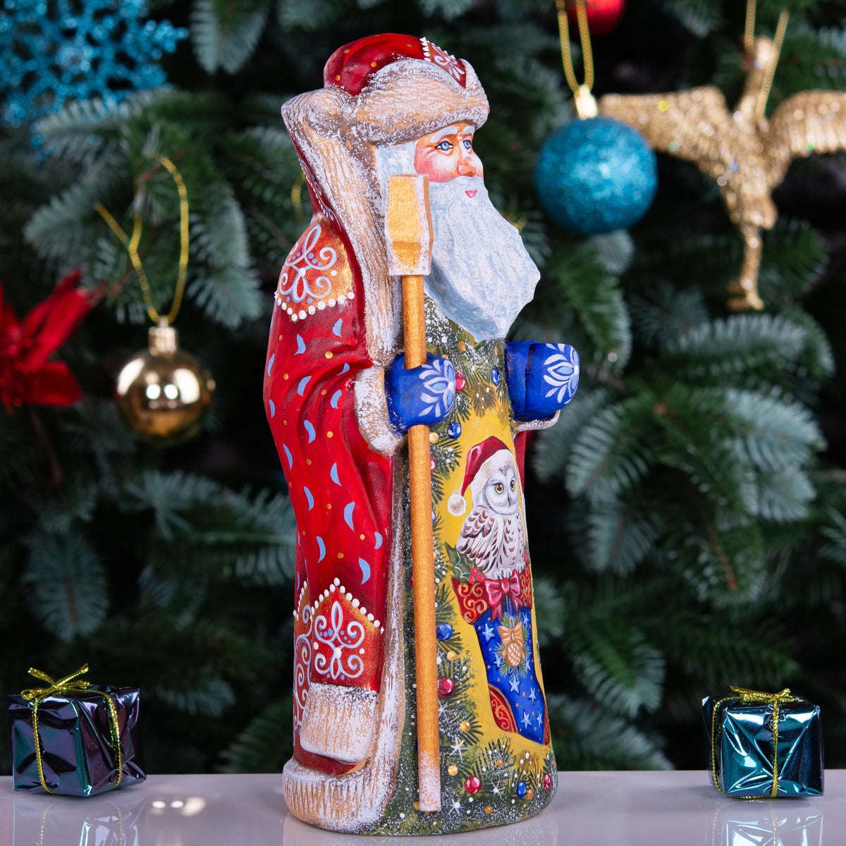 Hand Carved Santa Claus Statue: Owl in Stocking, Rustic Christmas Decor