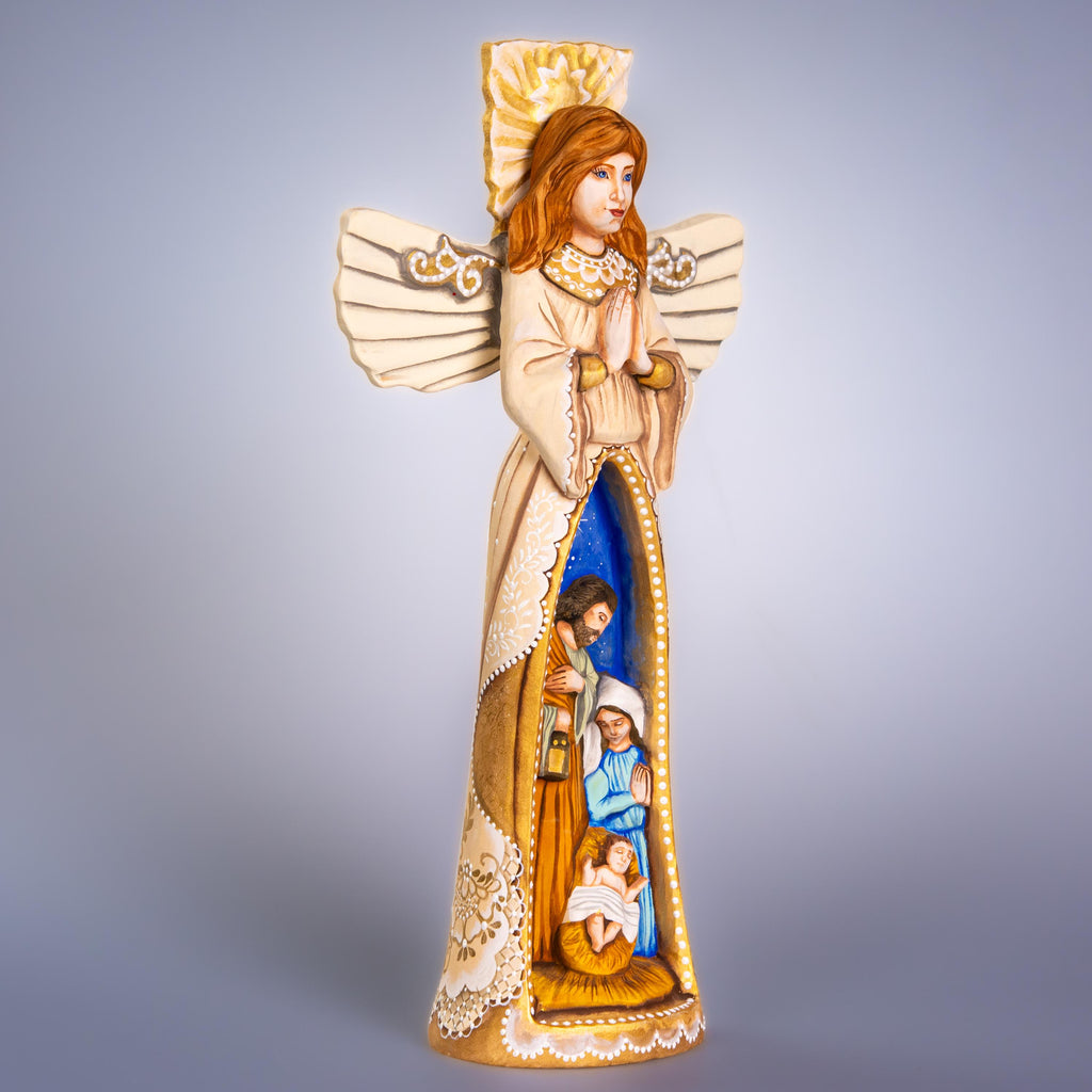 Angel Nativity wooden figurine 13 inch, Holy Family creche, mantel decor