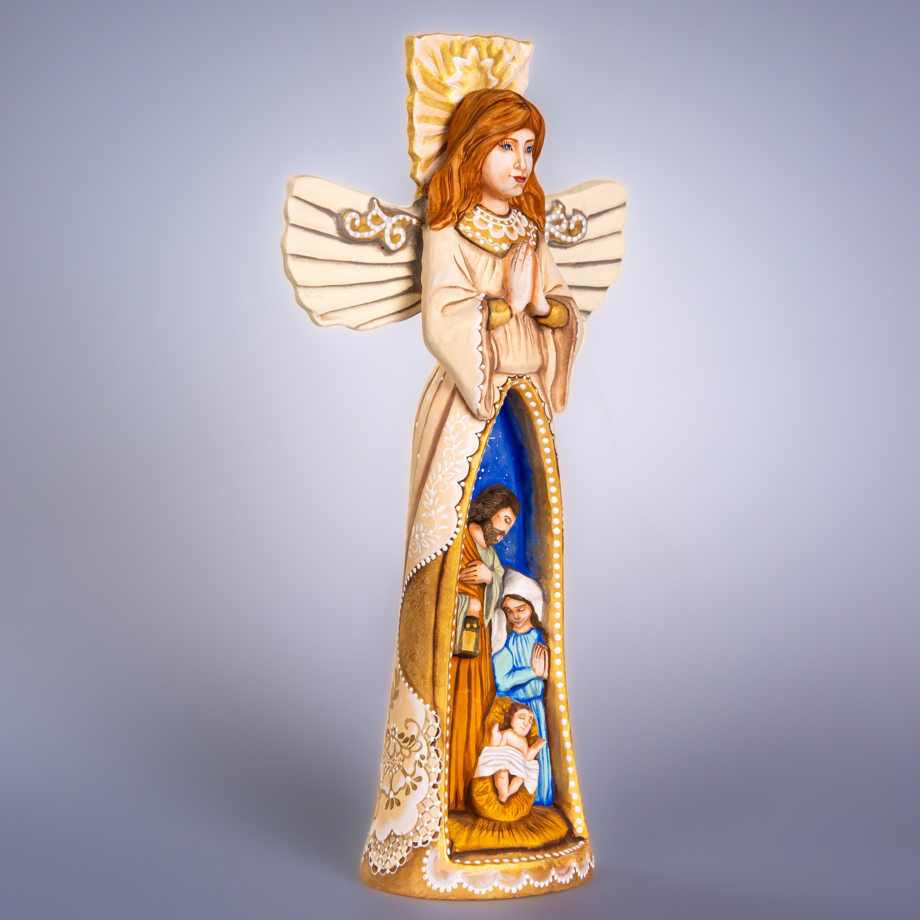 Angel Nativity wooden figurine 13 inch, Holy Family creche, mantel decor
