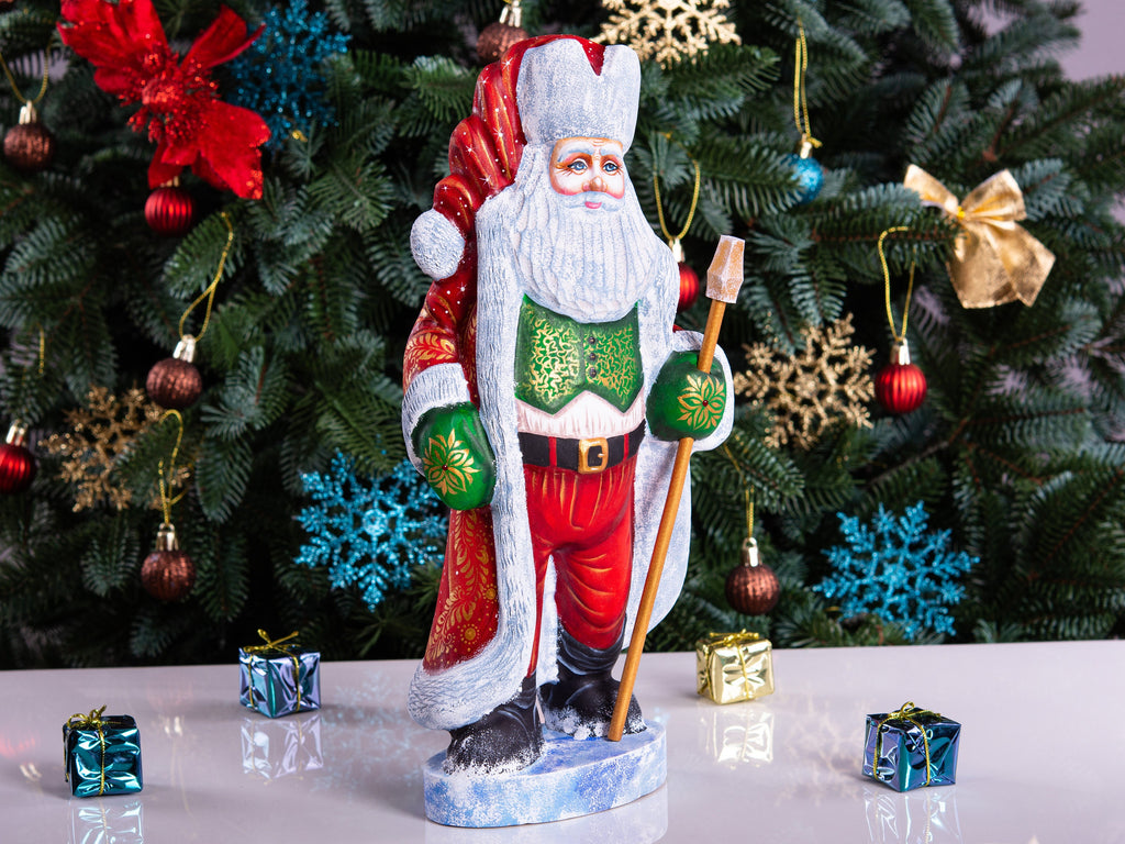 Grand Santa Claus wood statue, red coat mantel centerpiece, 12.2 inch