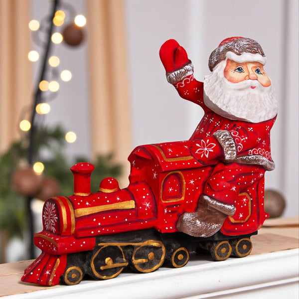 Hand Carved Wooden Santa Claus Figurine: Christmas Train Decor