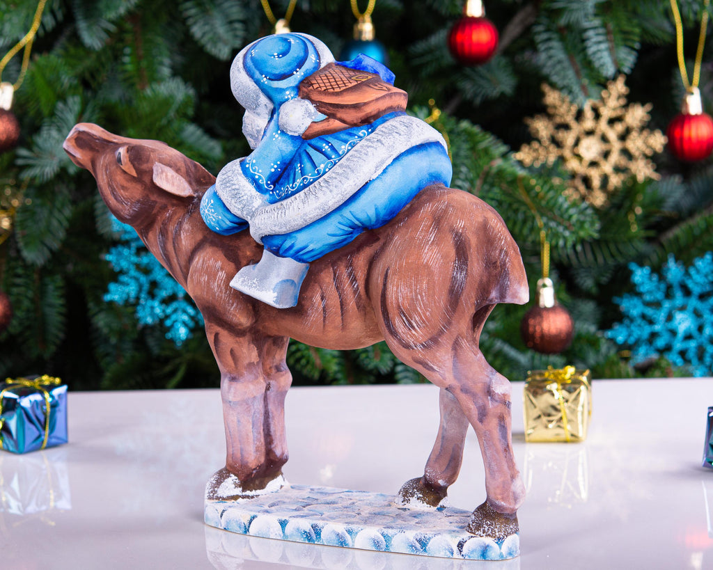 Old World Santa wooden figurine 8 inch, moose ride mantel display