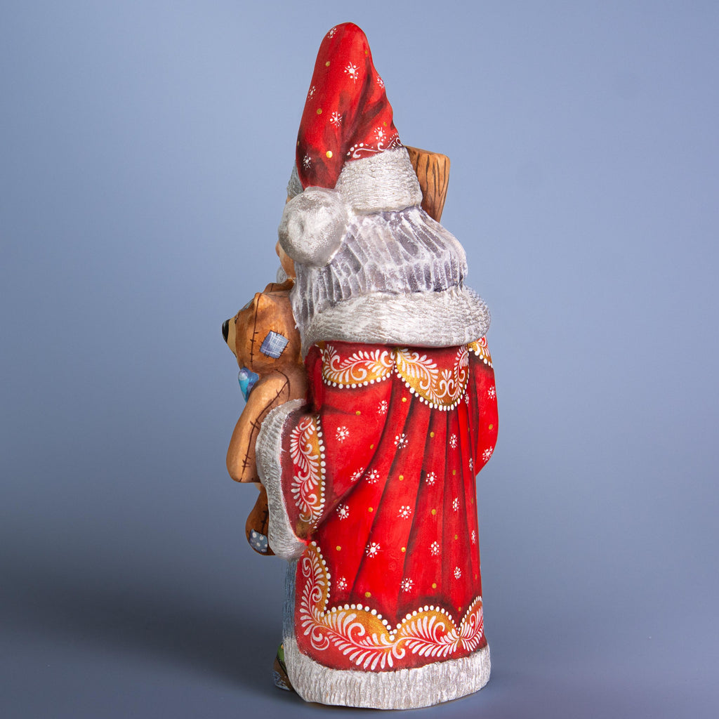 Hand carved wooden Santa figurine 10 inch, teddy bear gift, holiday mantel display