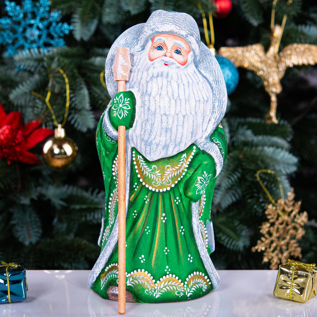 Green Santa wooden figurine 9.5 inch, hand carved Christmas mantel decor