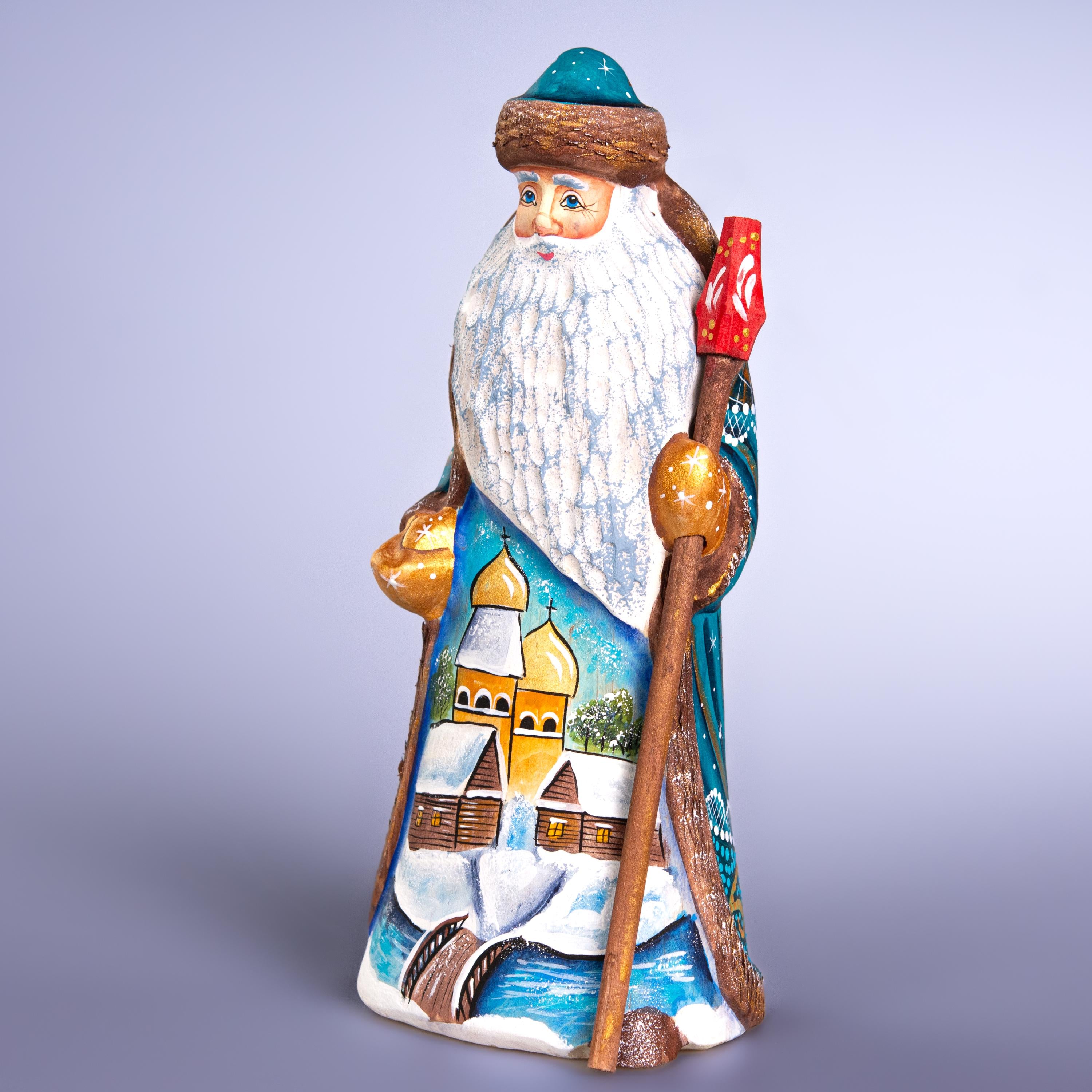 Hand Carved Santa Claus Figurine: Blue & Gold Winter Village Scene