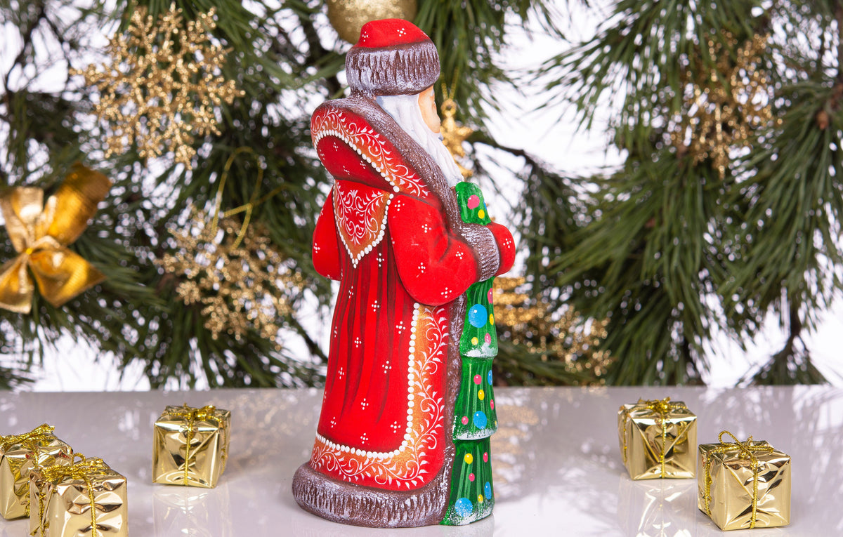 Woodland Santa wooden figurine 8 inch, snowy mountains and bunny, holiday shelf display