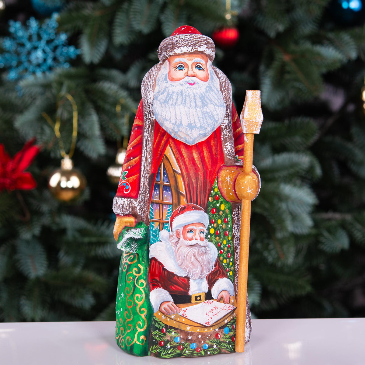 Hand carved wooden Santa, storybook Christmas list vignette, 9.1 inch