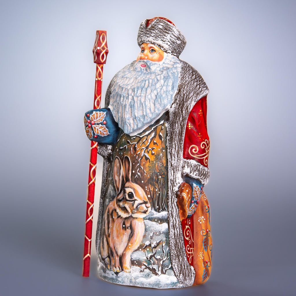 Hand carved Old-World Santa wooden figurine 9.5 inch, winter rabbit scene, mantel decor