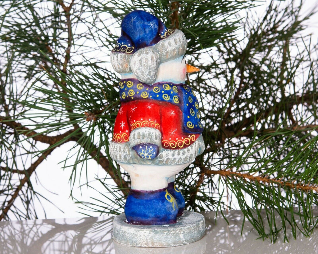 Hand carved wooden snowman figurine 6.3 inch, folk art winter accent, mantel decor