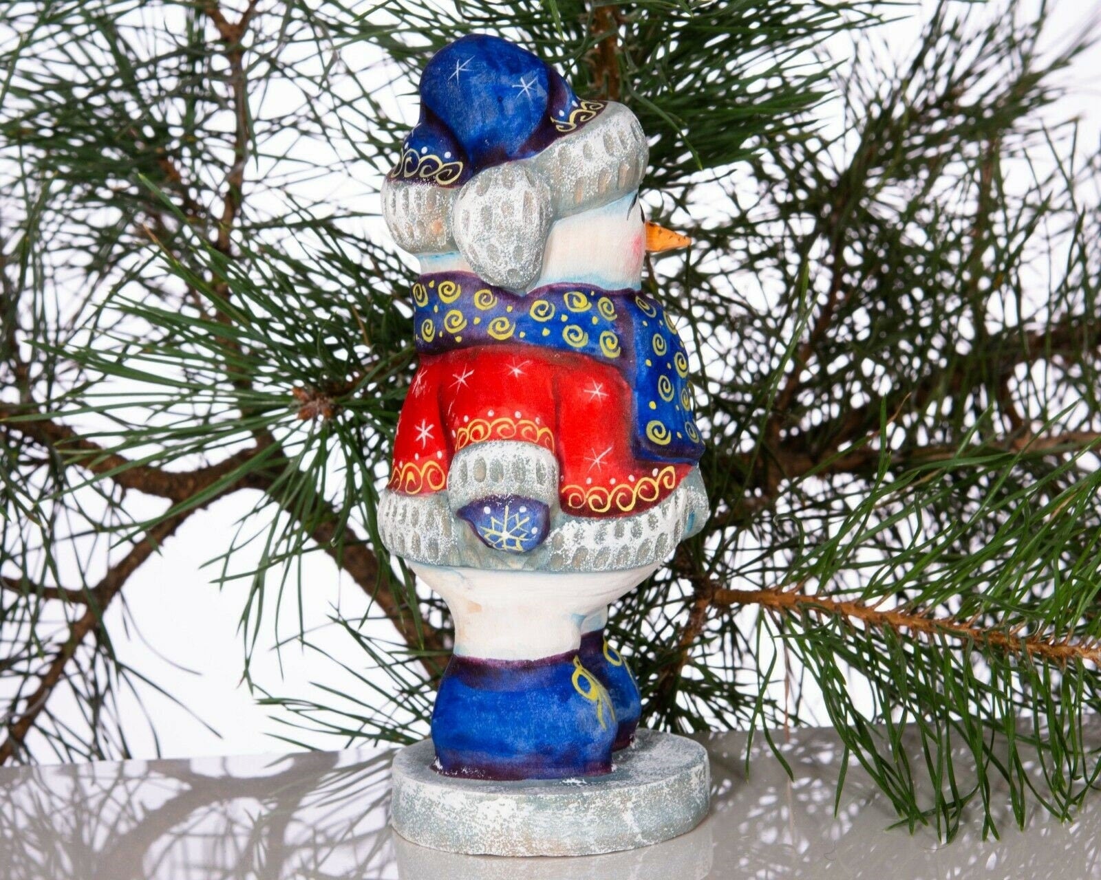Hand carved wooden snowman figurine 6.3 inch, folk art winter accent, mantel decor