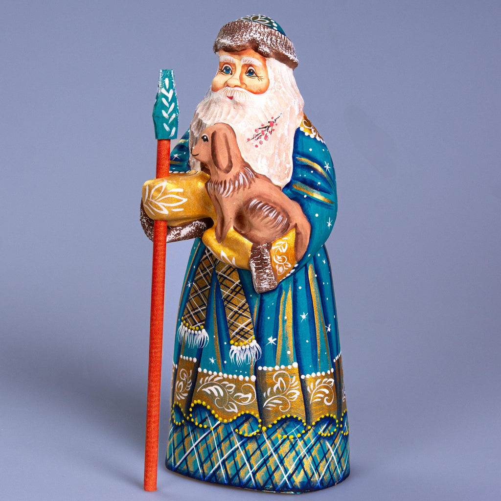 Hand Carved Wooden Santa Figurine with Dog 9 inch: Blue & Gold St. Nicholas