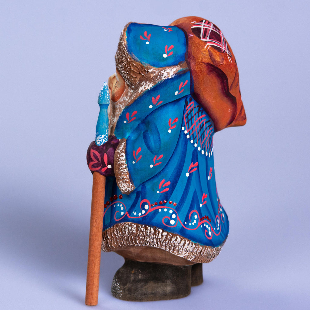 Father Frost Figurine Hand Carved Wood Blue Robe Staff and Sack 6″