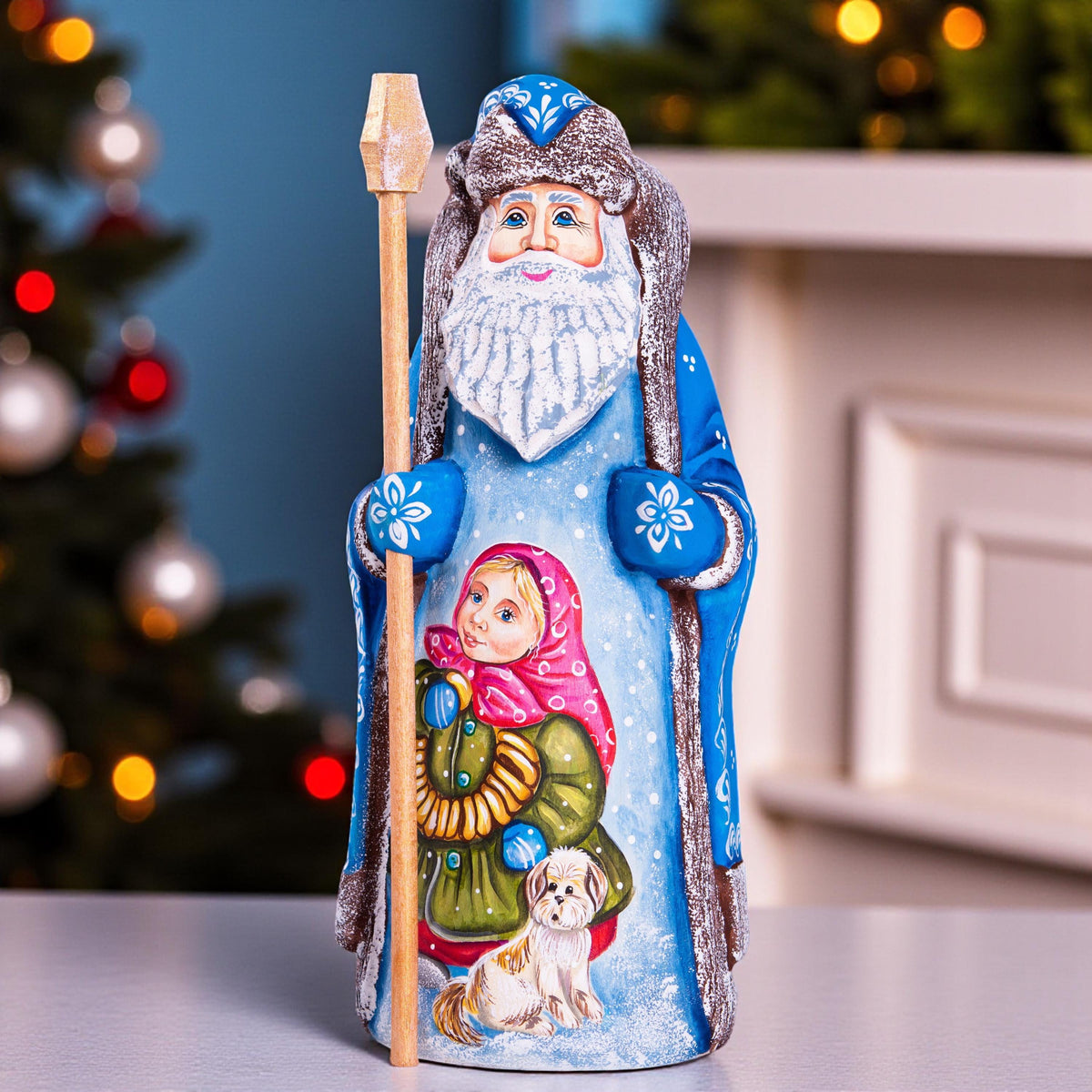 Vintage style Santa wood carving 9 inch, little girl and dog, holiday shelf decor