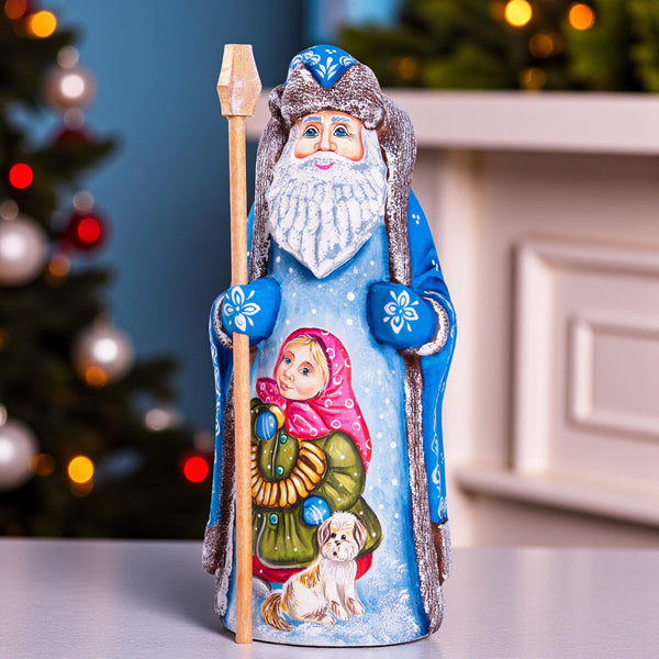 Vintage style Santa wood carving 9 inch, little girl and dog, holiday shelf decor