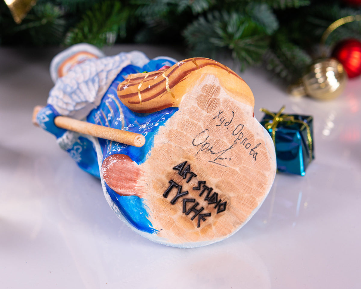 Hand carved blue Santa wooden figurine 8 inch, matryoshka toy sack, staff holiday centerpiece