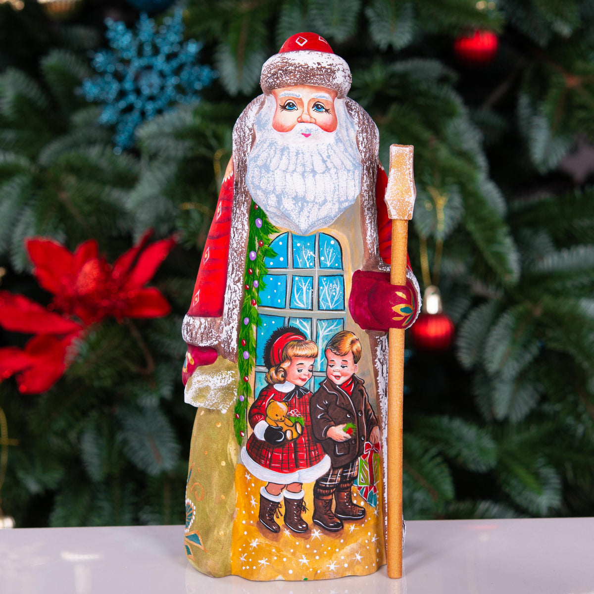 Vintage Santa wooden figurine 8.7 inch, kids by window, nostalgic Christmas decor