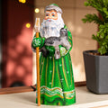 Santa figurine with cat and staff, hand painted carved wood, 9.1 inch