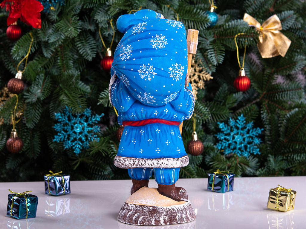 Hand carved blue Santa figurine 11 inch, gift sack, mantel decor
