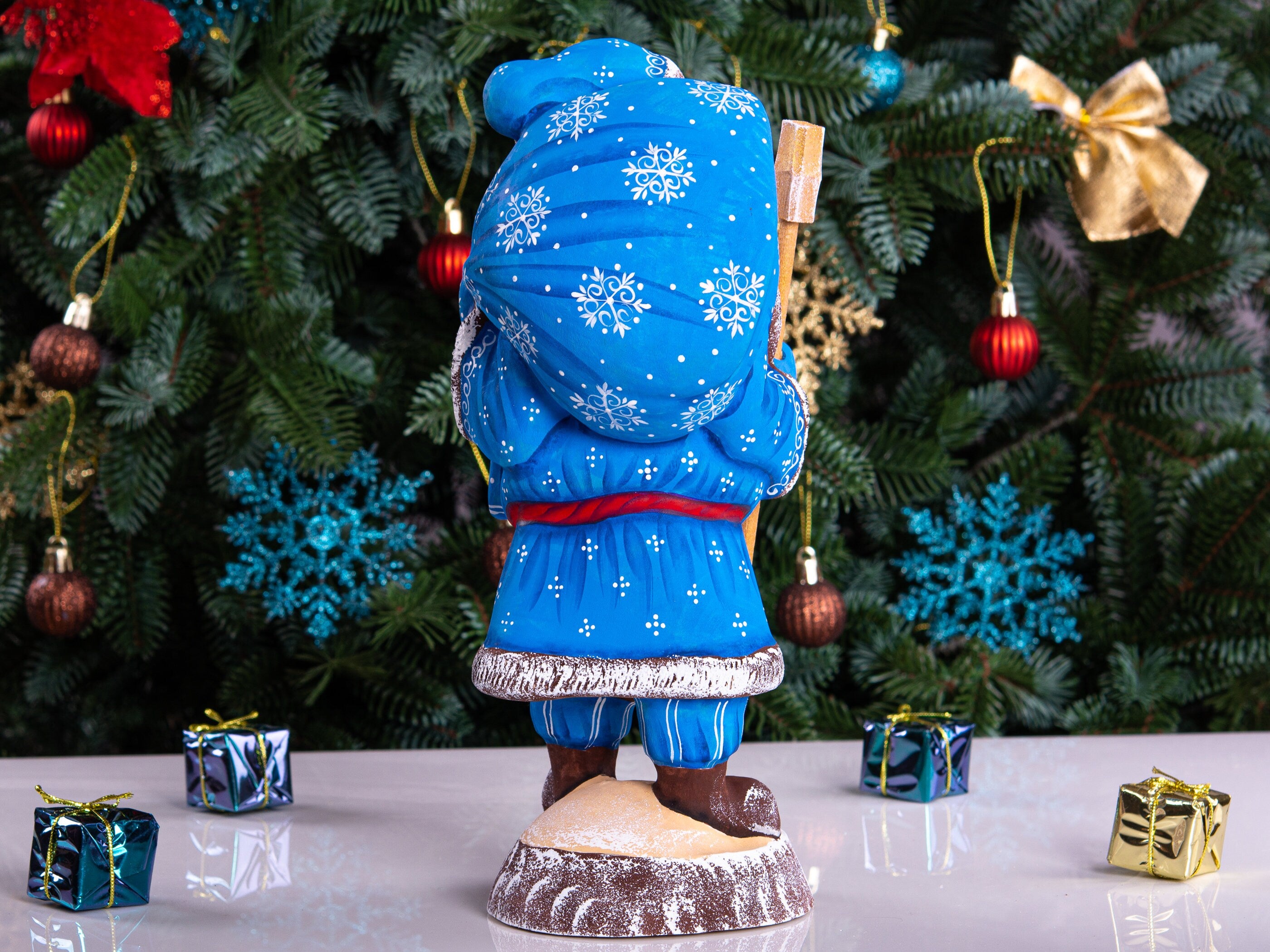 Hand carved blue Santa figurine 11 inch, gift sack, mantel decor