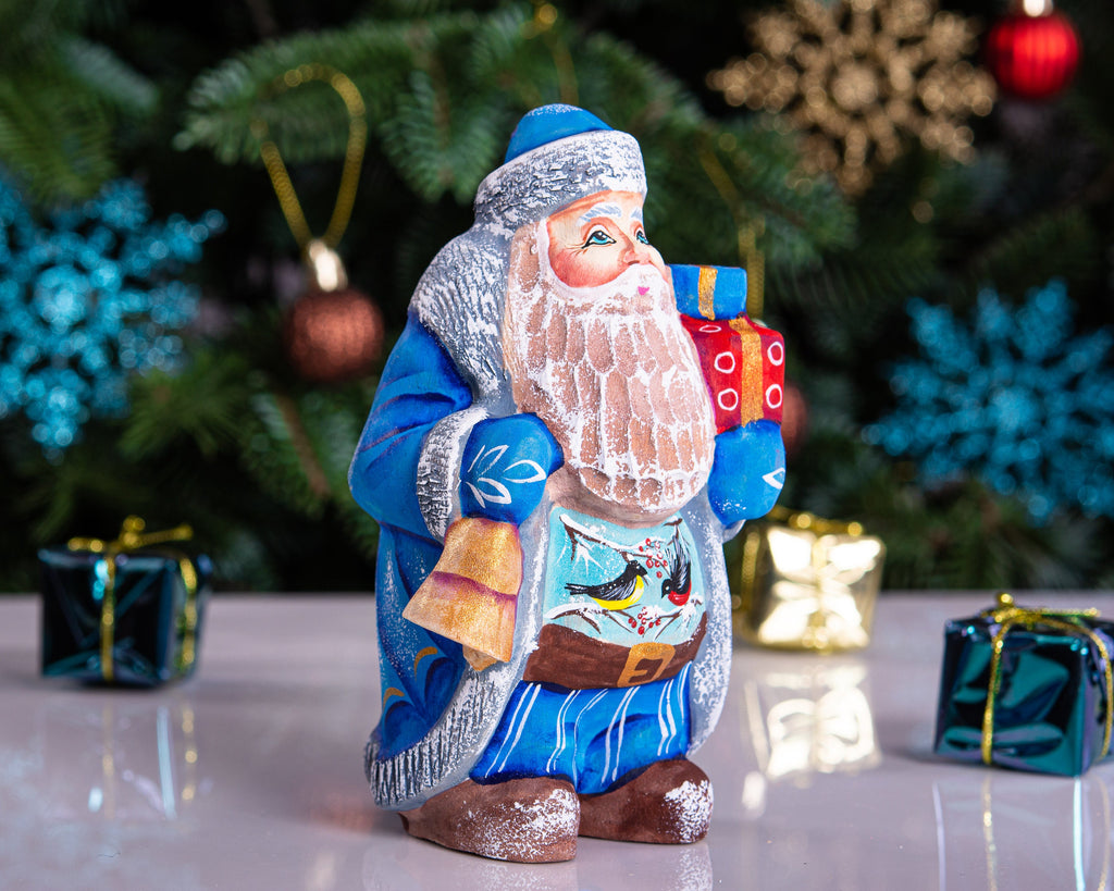 Santa Figurine Hand Carved Wood Bell and Gifts Bird Accents 5.5″