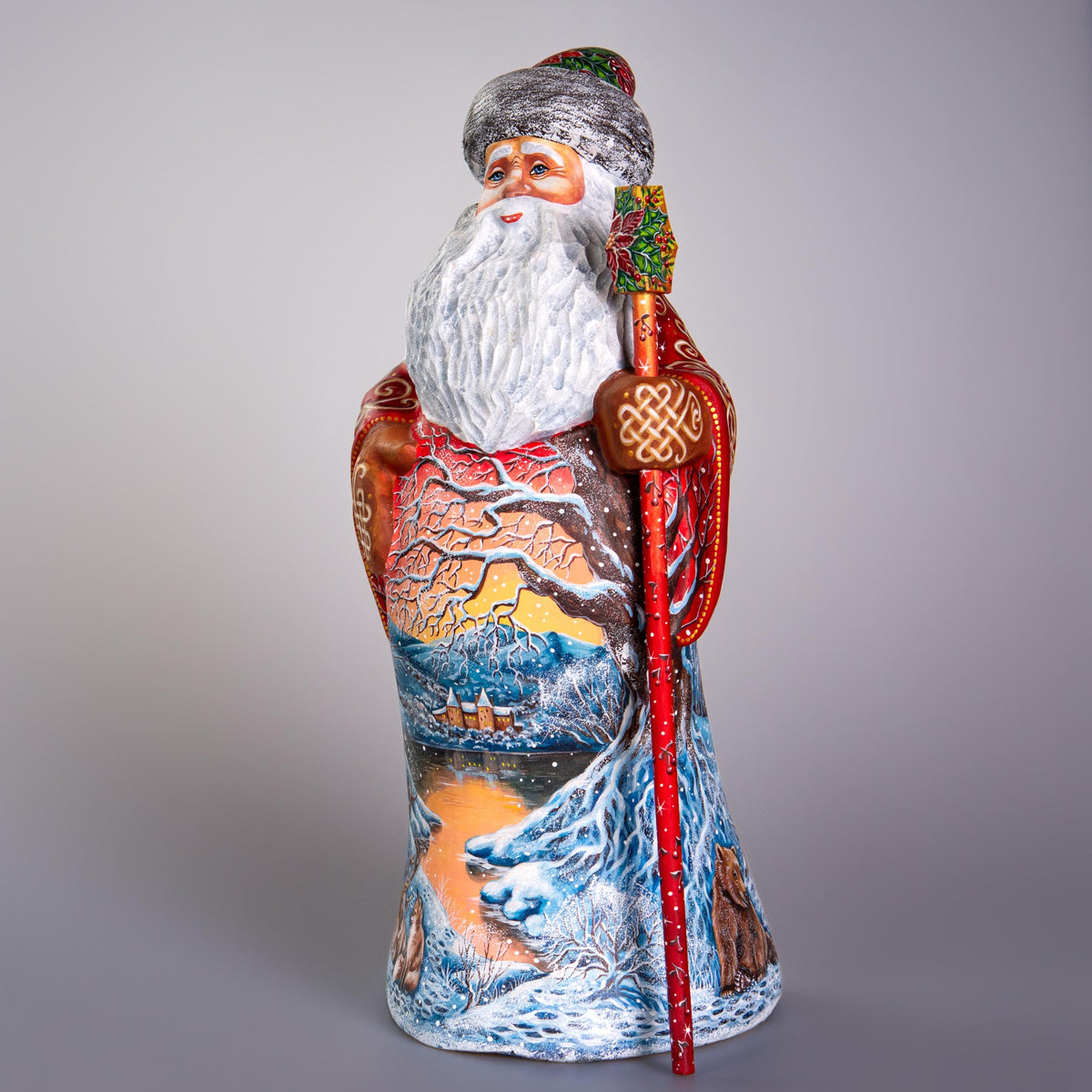 Hand carved wooden Santa figurine 13 inch, winter landscape scene, holiday centerpiece