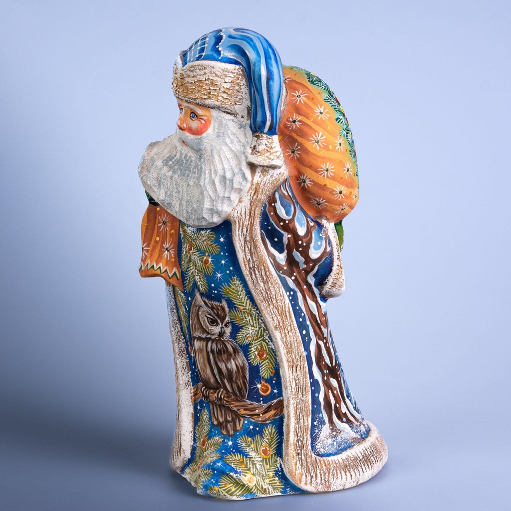 Hand Carved Wood Santa Figurine: Owl & Snowy Village, Signed