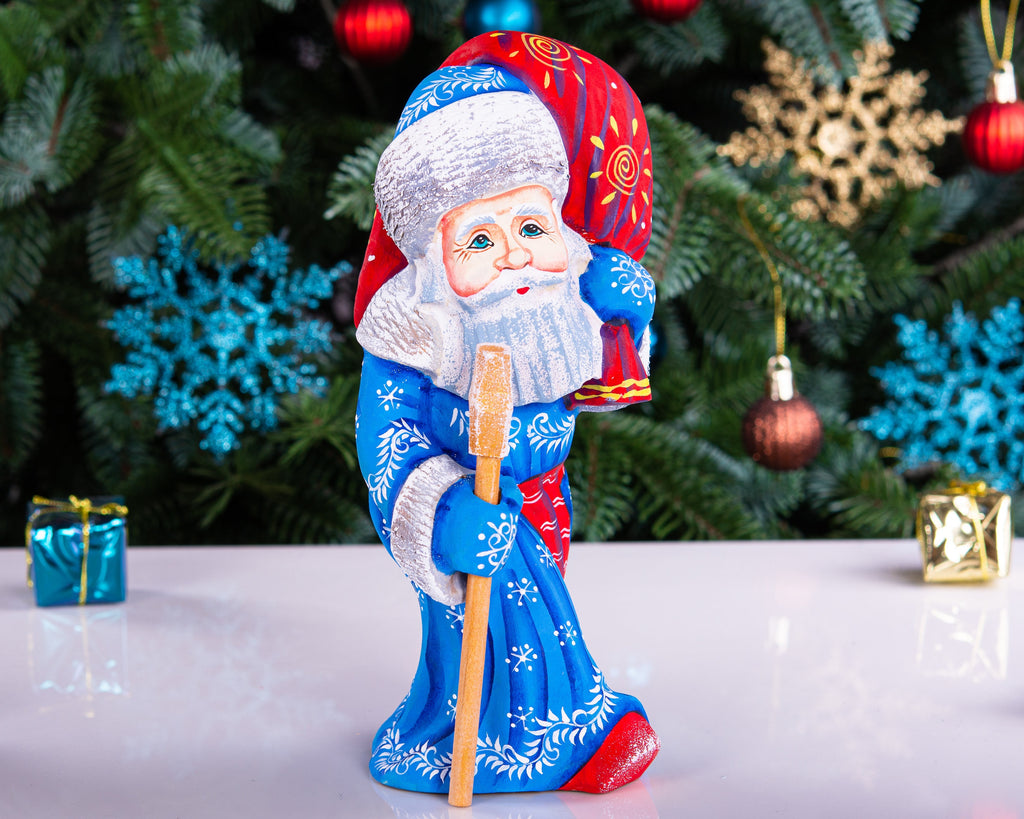 Hand carved blue Santa wooden figurine 7.9 inch, gift sack and staff, centerpiece