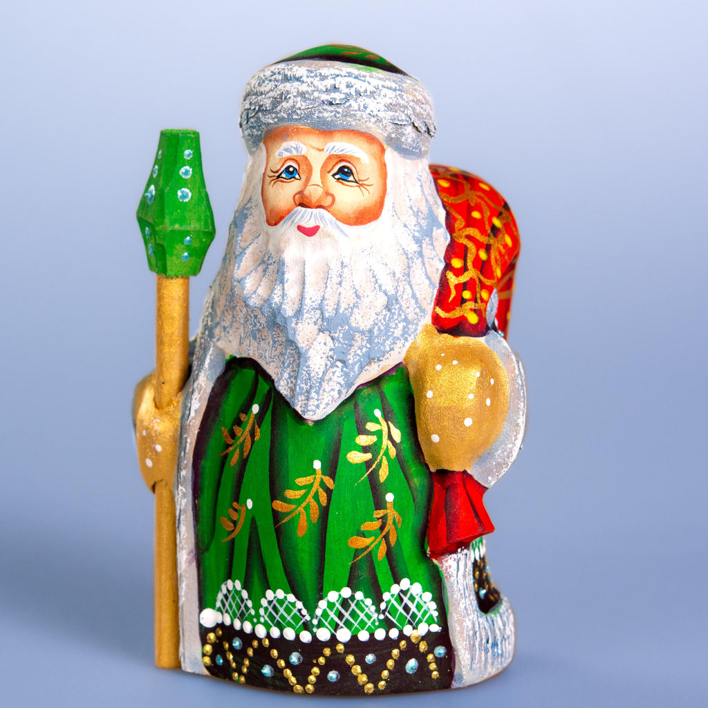 Hand carved Santa wooden figurine 5.1 inch, green coat shelf decor